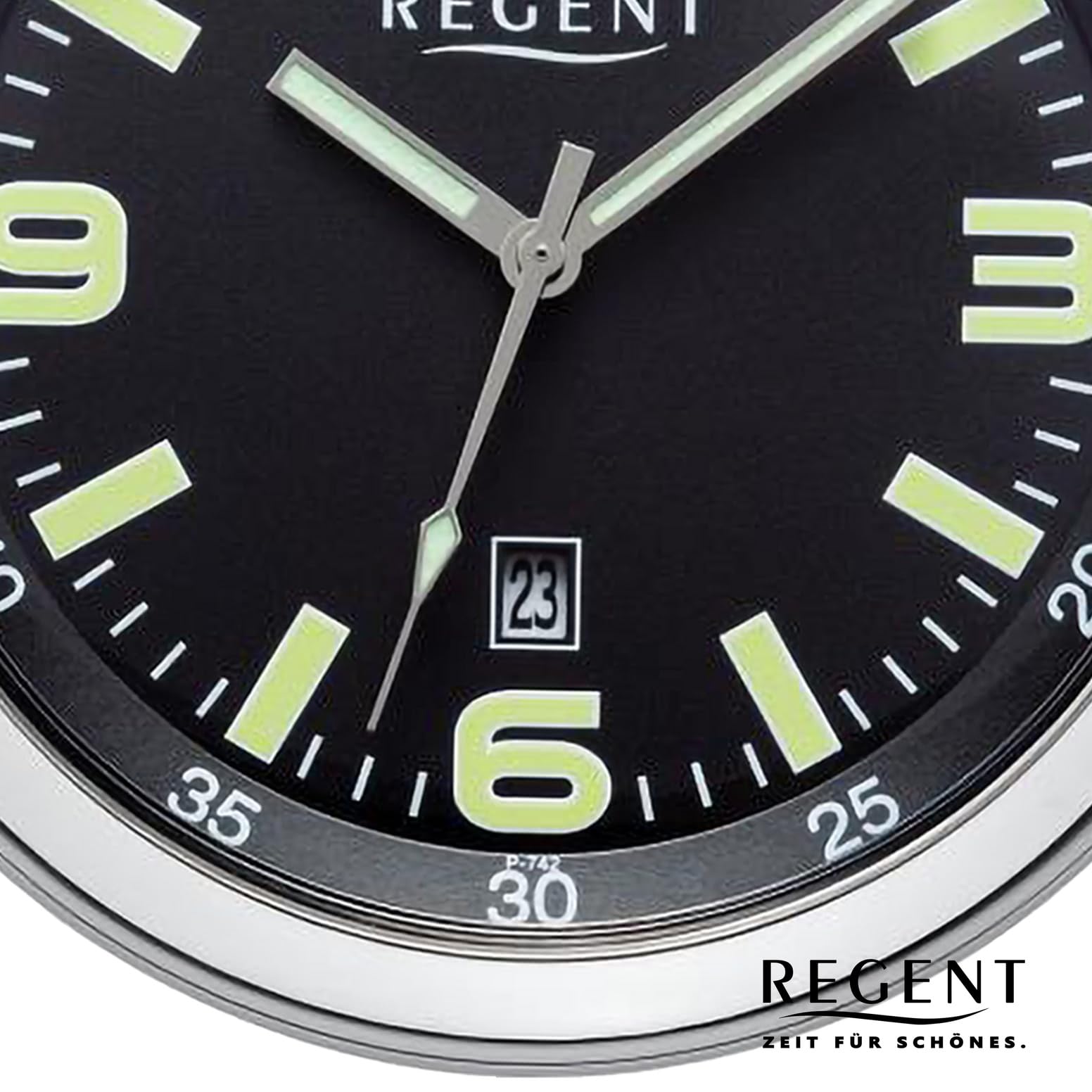 Regent Herren Taschenuhr Edelstahl 50 MM Quarz Schwarzes Zifferblatt Arabische Zahlen Datum P-742
