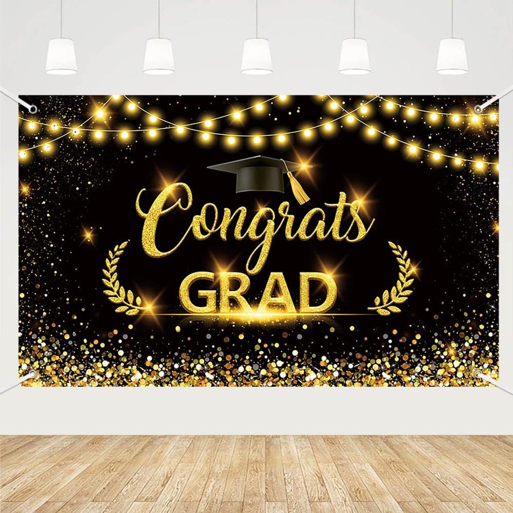MEHOFOND 6x3.6ft Black and Gold Graduation Backdrop 2025 Congrats Grad Party Photography Background for High School and College Celebrations
