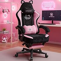 GTPLAYER Pink Cat Ears Gaming Chair - Cute Ergonomic Velvet Office Chair with Memory Foam Lumbar, Headrest & 150° Recline