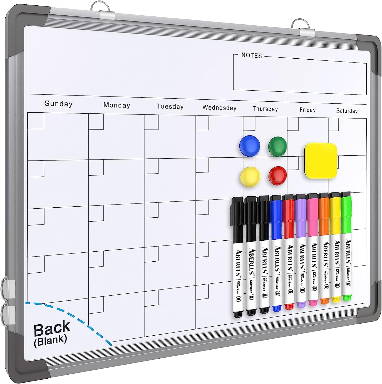 Monthly Calendar Dry Erase Whiteboard for Wall (Black), 16" X 12" Portable Magnetic White Board, Double-Sided Hanging White Board for Home, Office, Memo, Planning, Kitchen