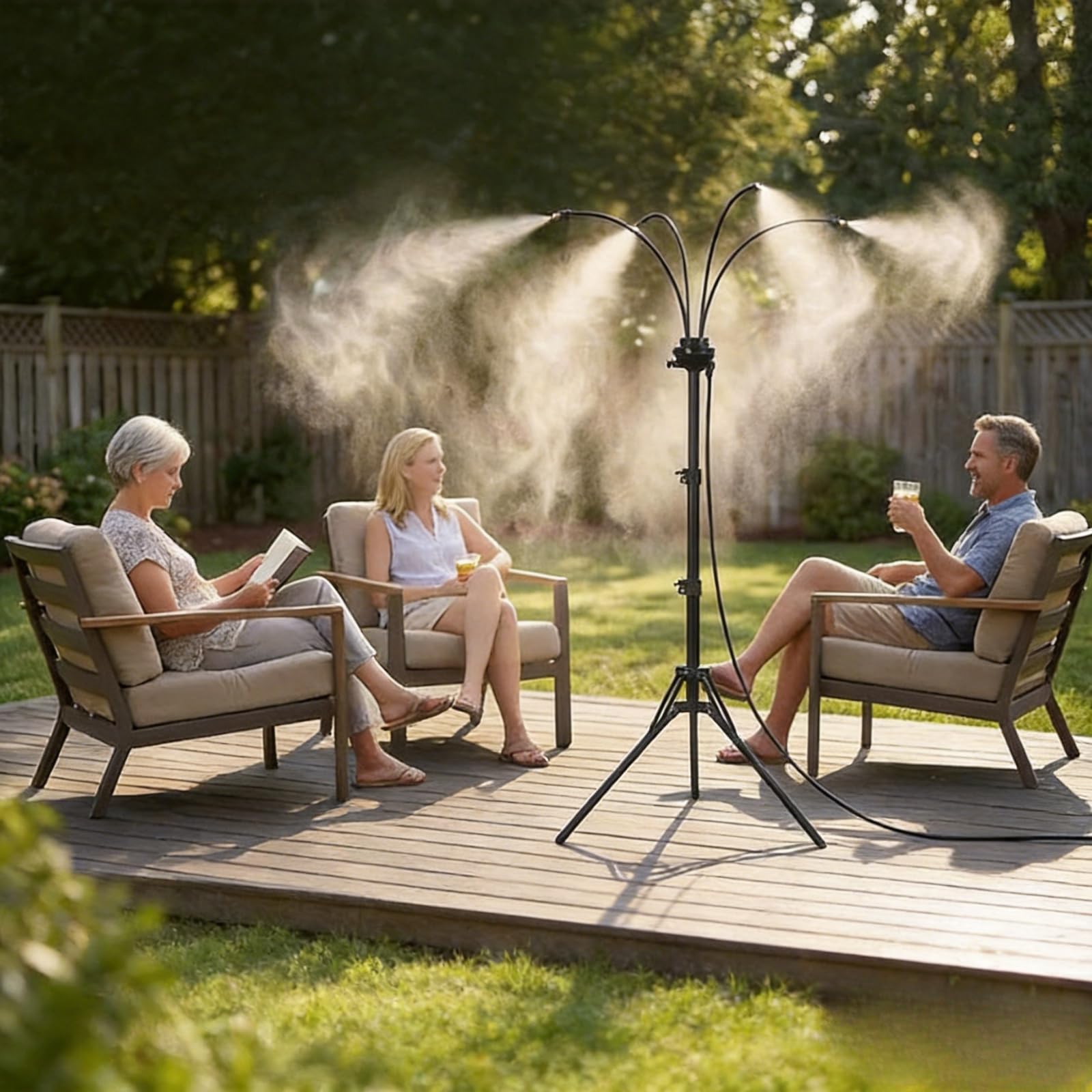 Brumisateur sur Pied, Trépied Hauteur Réglable 110cm, Système de Rafraîchissement pour Terrasse Jardin Piscine, Kit Brumisation Extérieur avec 8m Tuyau, Arroseur Automatique pour Barbecue Animaux