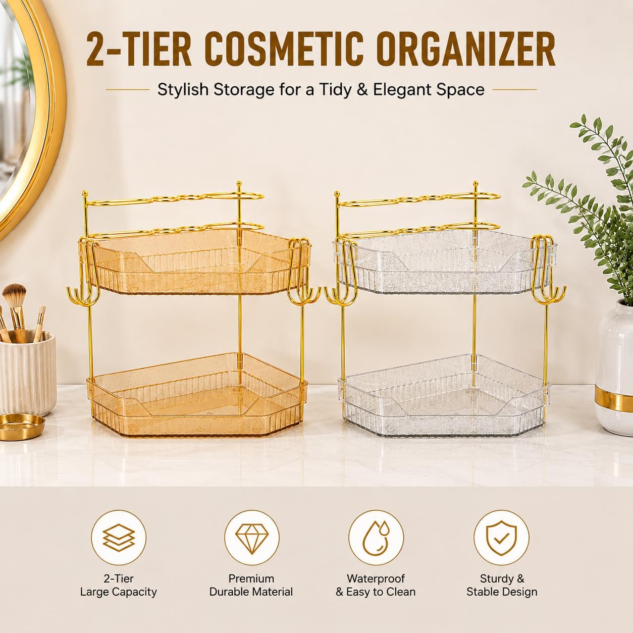 Corner Bathroom Counter Organizer, 2-Tier Makeup Organizer with Brush Holder, Amber Gold Vanity Storage for Skincare, Cosmetics, Perfume & Dresser Countertop