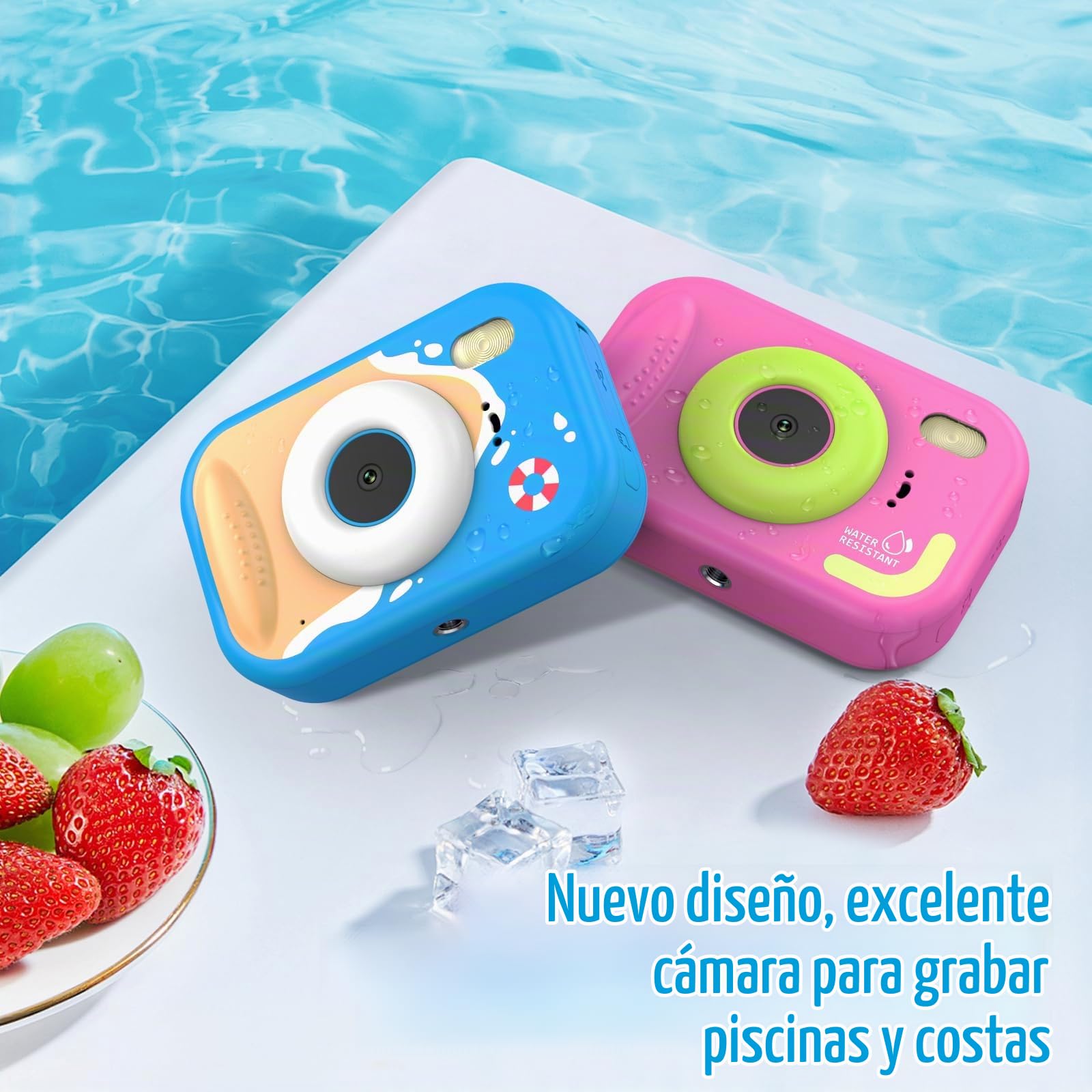 Cámara Fotos Infantil, 48MP HD 1080P Cámara Acuática para Niños con Pantalla de 2,4 Pulgadas + SD 32GB Ideal para Deportes Acuáticos, Natación y Playas (Azul)