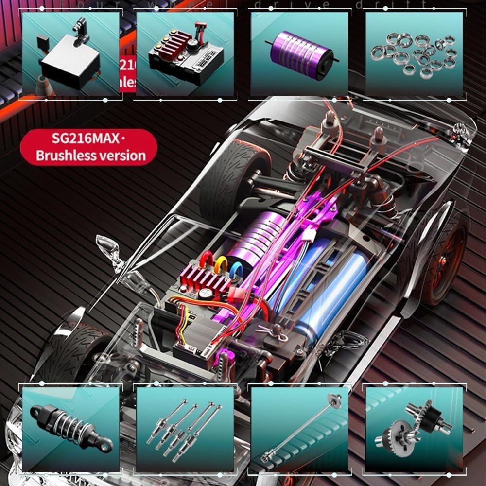 Auto telecomandata SG216MAX con motore brushless, auto RC Drift da 70 km/h, veicolo da corsa fuoristrada 4WD 2,4 GHz in scala 1:16, regalo per adulti, 3 batterie