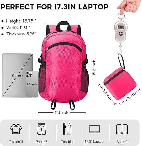 Miniatura 3 de Mochila de senderismo pequeña, mochila de senderismo impermeable de 15 litros, plegable, ligera, mochila de viaje para mujeres y hombres, Rosado,