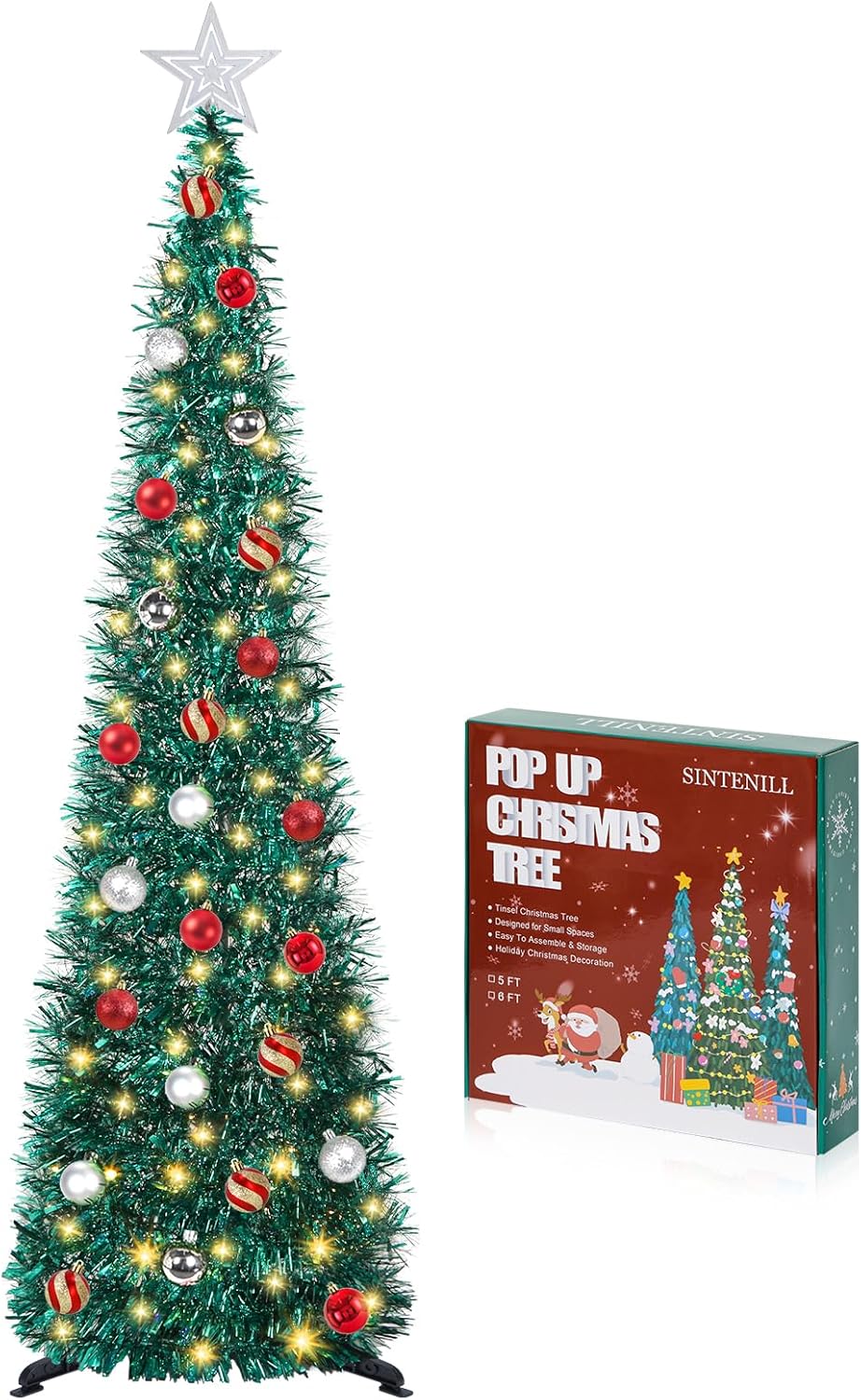 5 FT Pop Up Christmas Tree with Timer Lights and Decorations, Green Tinsel Artificial Christmas Tree with 24 Balls Ornaments, Collapsible Pencil Tree for Xmas Home Office Party Decor