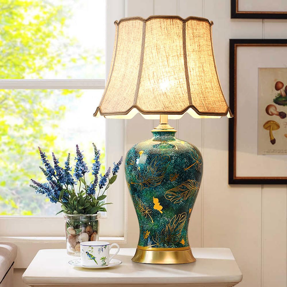 asdchZen Modern Table Lamp Handcrafted Green Ceramic Table Lamps With Fabric Octagon Shade Decor For Living Room Bedroom House Bedside Nightstand Home-40 * 65Cm,34 * 57cm