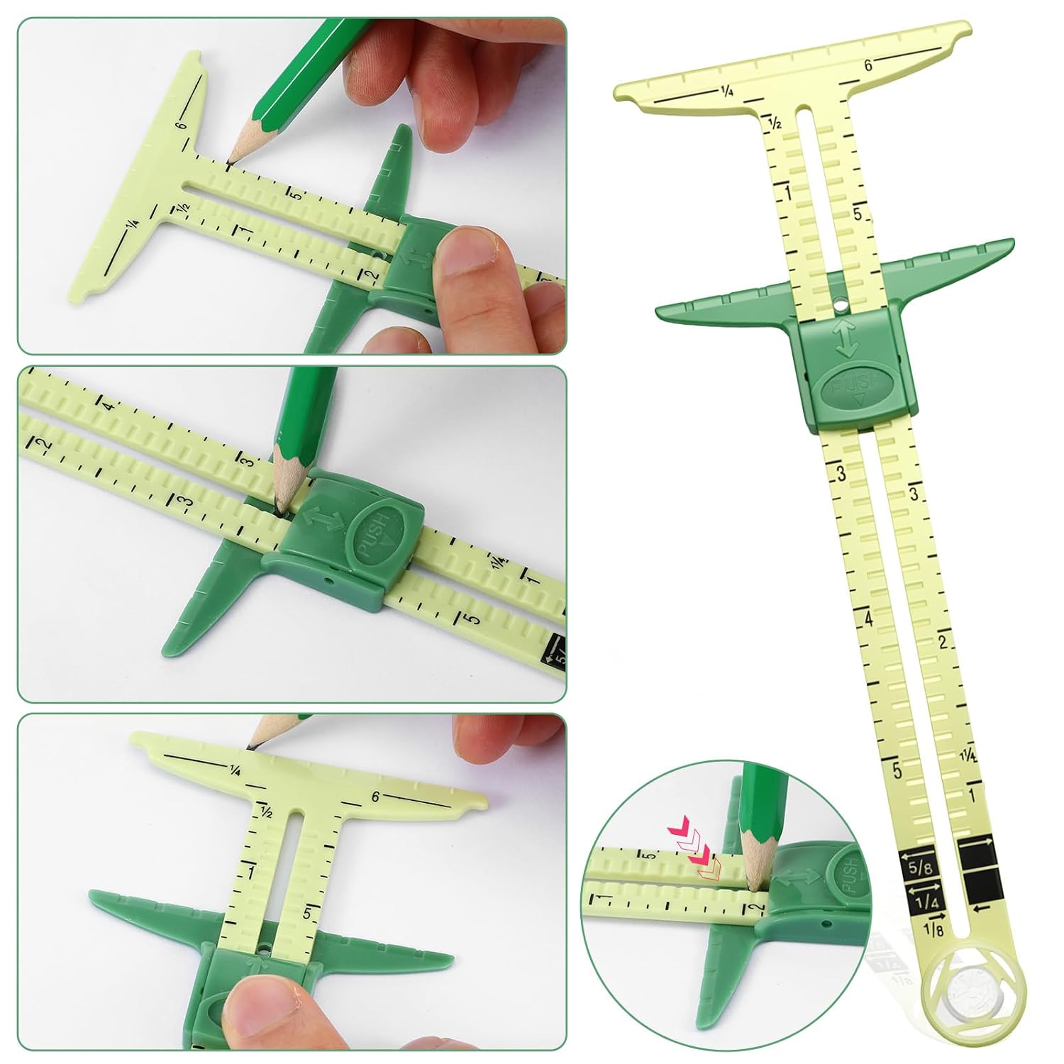 Sewing Gauge Measuring Tool Set 2Pcs, 5-in-1 T-Shaped Sliding Gauge Ruler Fabric Quilting Ruler Essential Sewing Tools for Hemming Seam Allowance Button Hole Marking Knitting Crafting