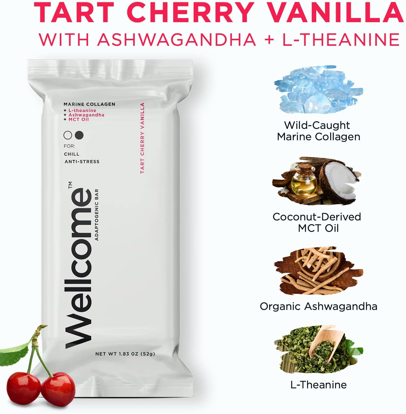 Wellcome Tart Cherry Vanilla Marine Collagen Protein Bars - Health Bar with MCT Oil, Ashwagandha and L-Theanine - Adaptogenic Healthy Snack Bar for Functional Active Lifestyle (Pack of 12)