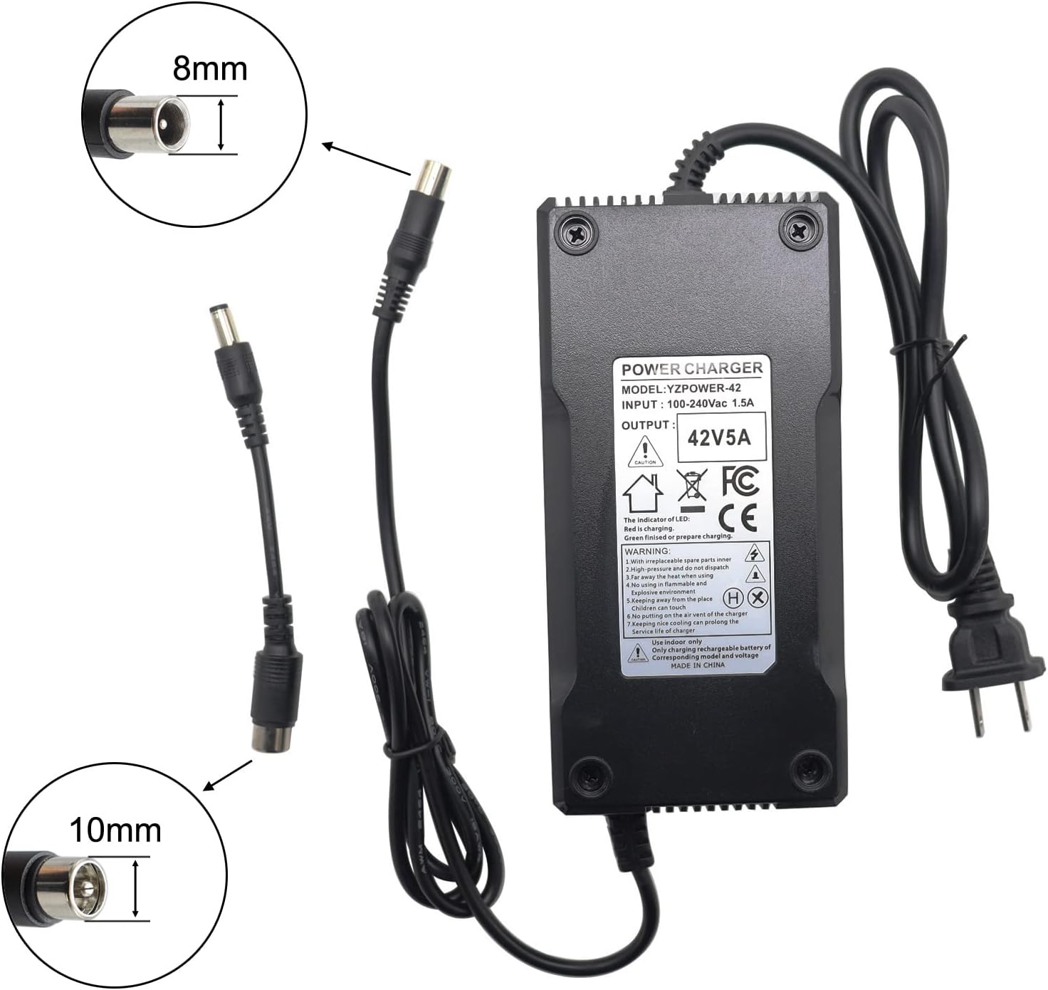 42V 5A Lithium Battery Fast Charger AC Adapter Power Supply for 10S 36V Lithium Li-ion Batteries Pack RCA 8mm Plug with RCA 10mm Lotus tip