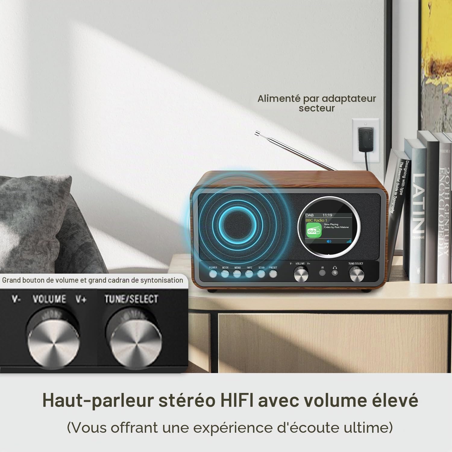 Monodeal radio portable (DAB+, FM, réveil, haut-parleur HiFi 5 W, prise casque, écran TFT, commande des touches), radio-réveil avec 60 préréglages