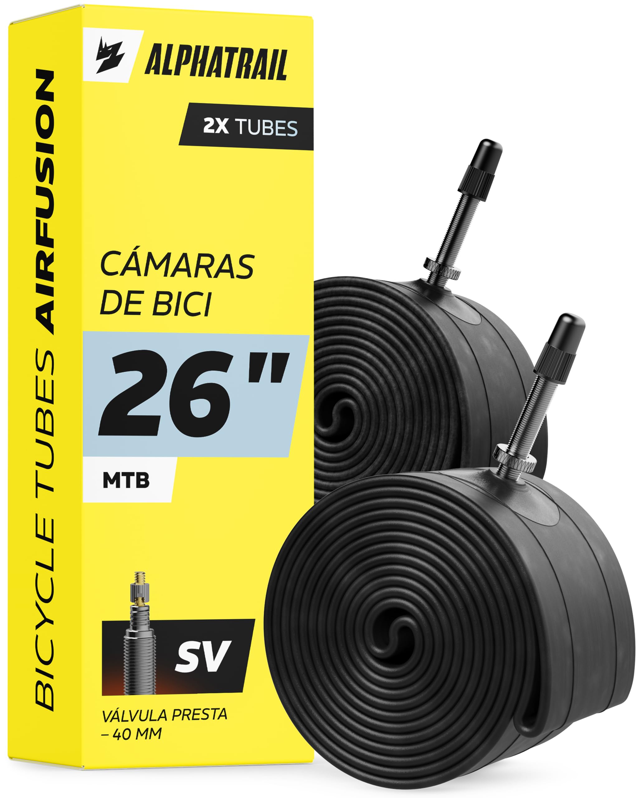 Alphatrail MTB Cámara de Bicicleta Rick 26 Pulgadas SV Presta Válvula 2X Cubierta Compatible Schwalbe, Michelin, Continental, Conti, Maxxis, Vittoria & Kenda