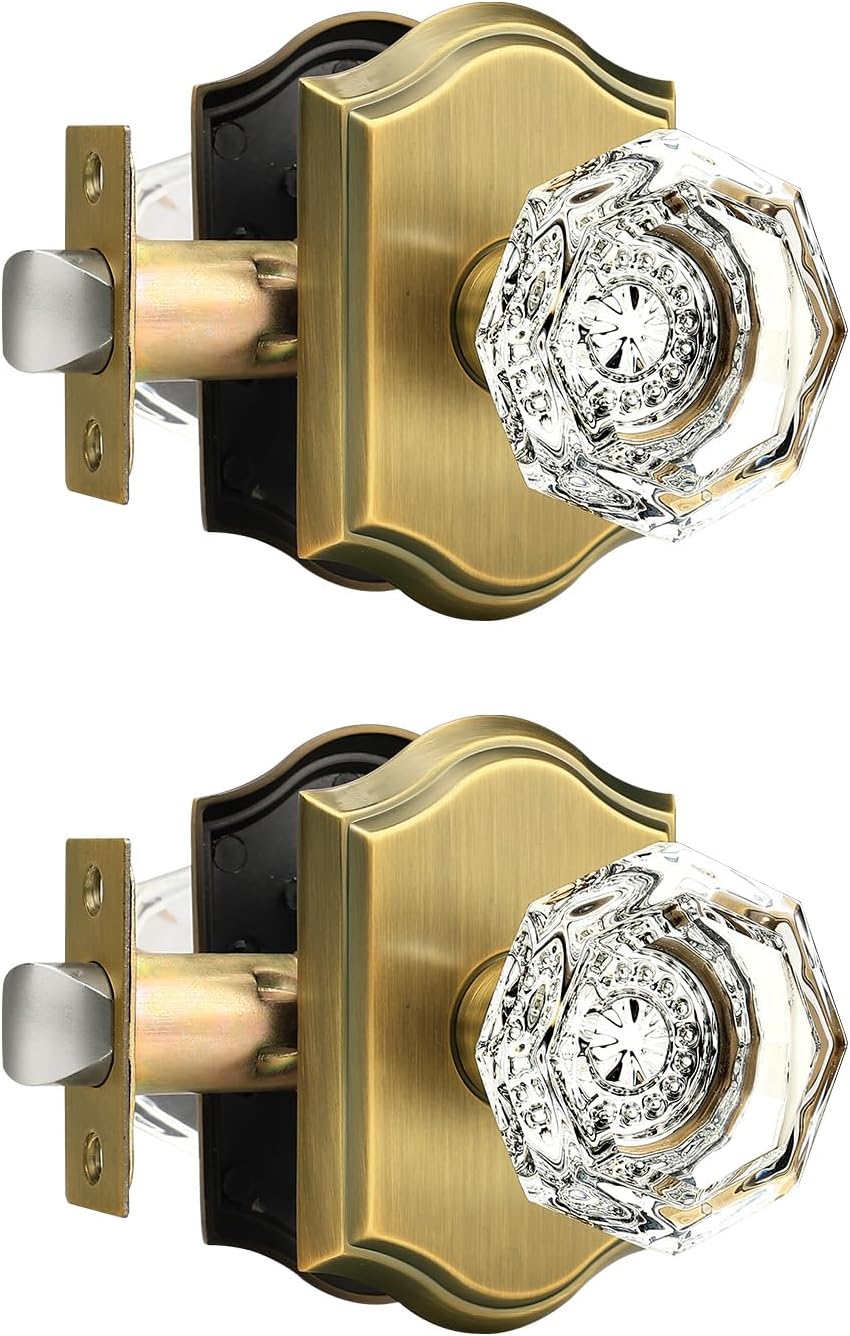 Gobrico Clear Glass Crystal Passage Door Knobs,Antique Brass Interior Crystal Door Handles for Hall Closet,2 Pack Keyless Door Lock