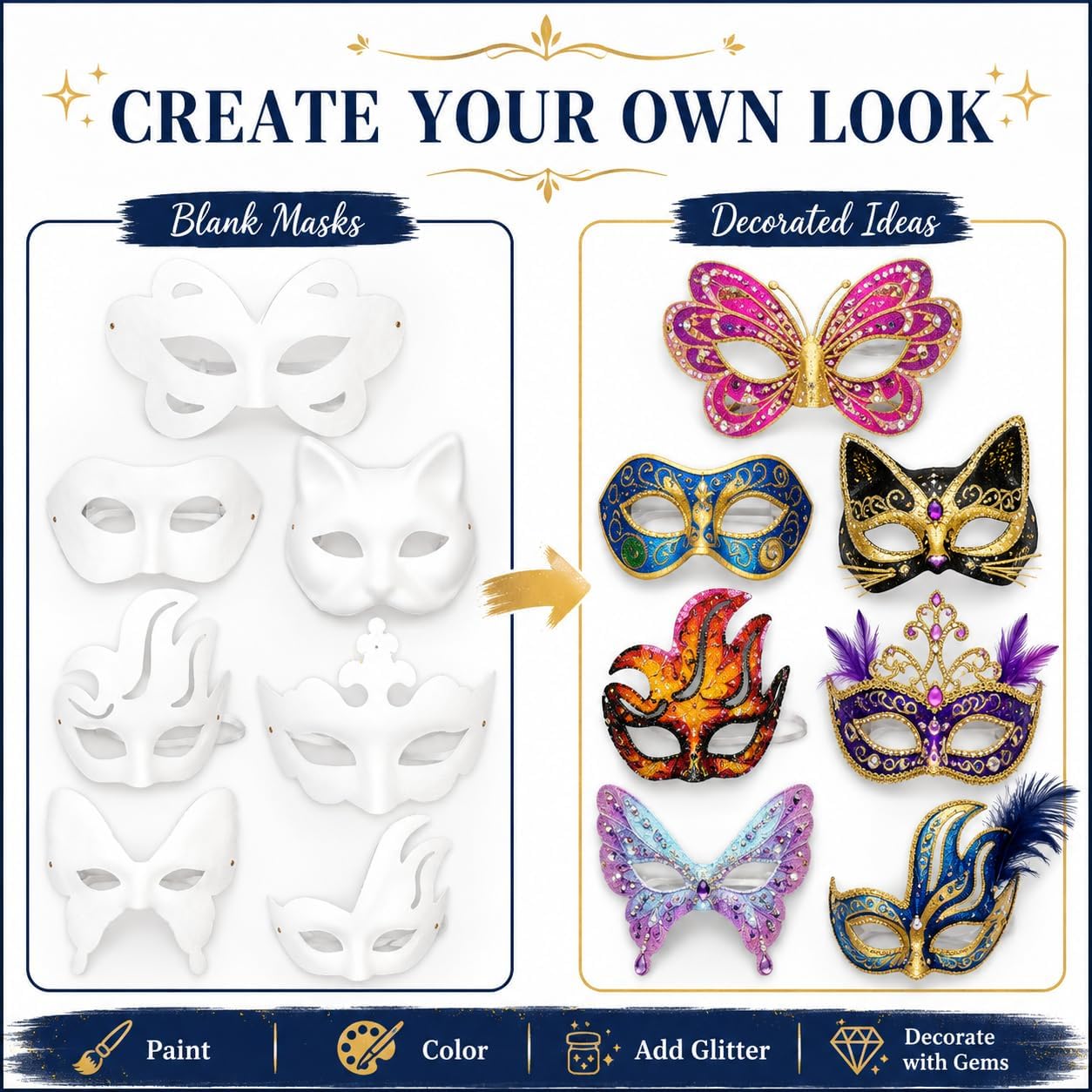42 Pcs Blank Paper Mache Masks White DIY Masquerade Masks Craft Half Face Masks for Mardi Gras, Couple, Cosplay & Costume Parties, Art Projects & Home Decor, School Activities 7 Styles