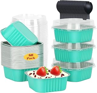 5oz/80pack Mini Cake Pans with Lids,LNYZQUS Aluminum Foil Cupcake Baking Cups Muffin Tin,Disposable Ramekins Small Cake Mini Brownie Baking Pan Cheesecake Containers -Cyan Blue