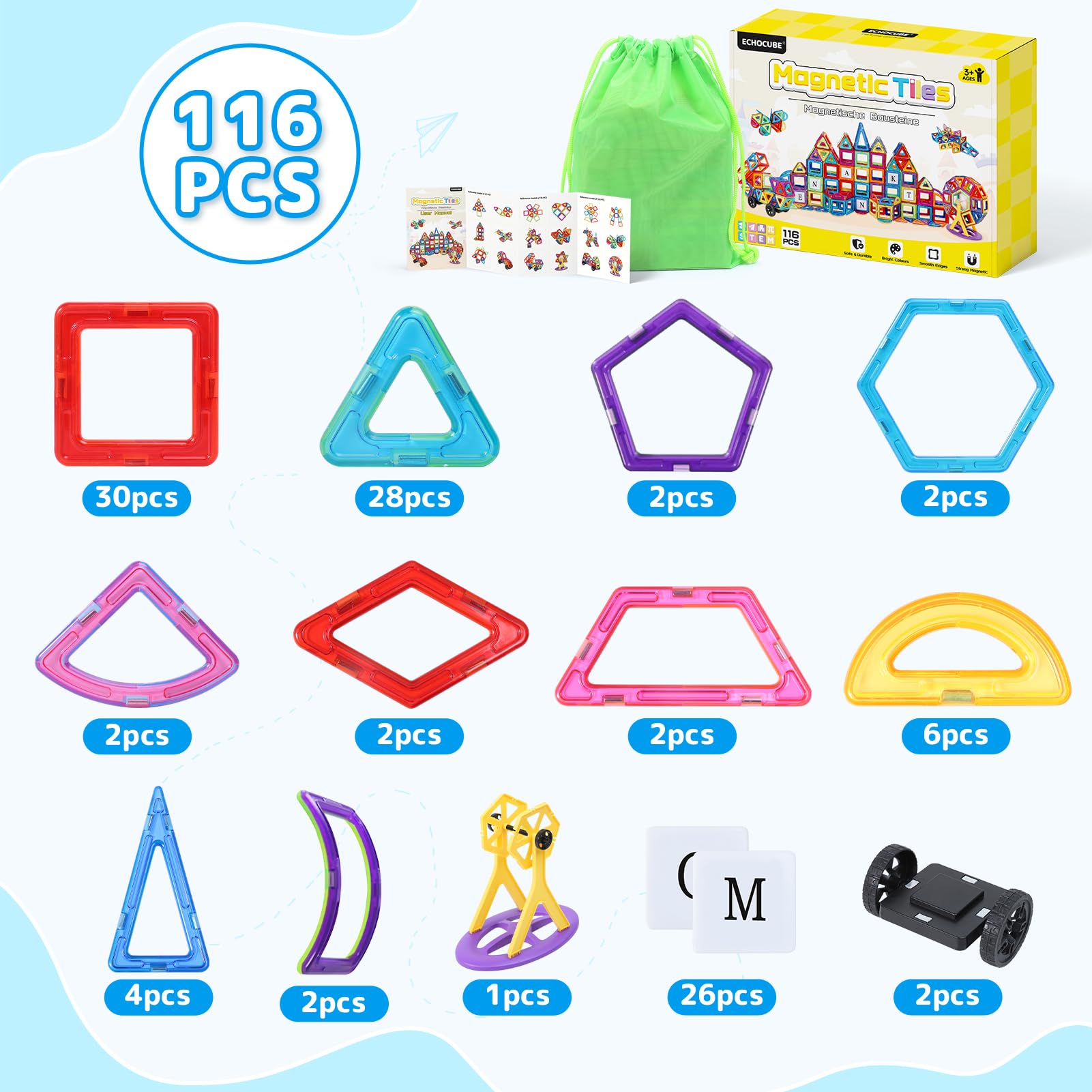 Set di mattonelle magnetiche per bambini 116PC - mattonelle da costruzione, giocattoli da costruzione STEM, regalo educativo di blocchi magnetici per bambini e bambine