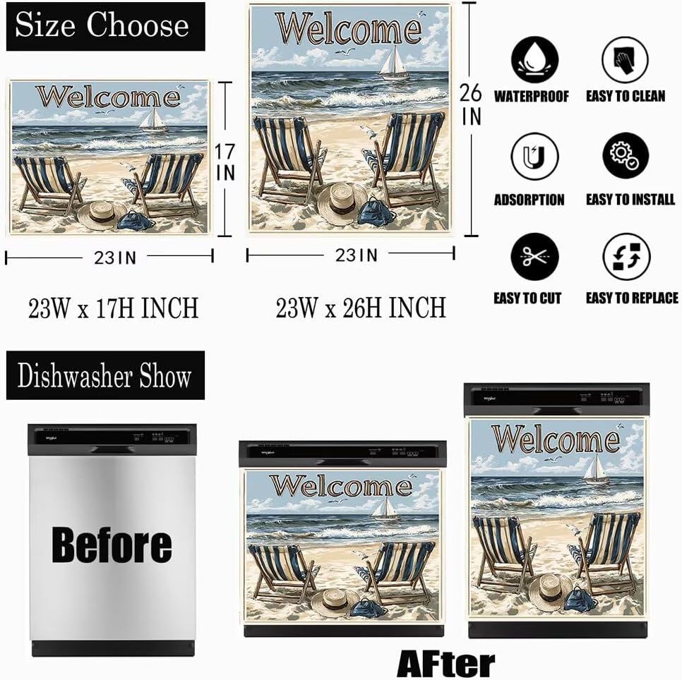 Beach Chair Wave Sailboat Magnetic Dishwasher Cover Panel - Oil Painting Front Sticker, Waterproof PVC Decal for Kitchen Appliance Upgrades (23”W x 26”H)