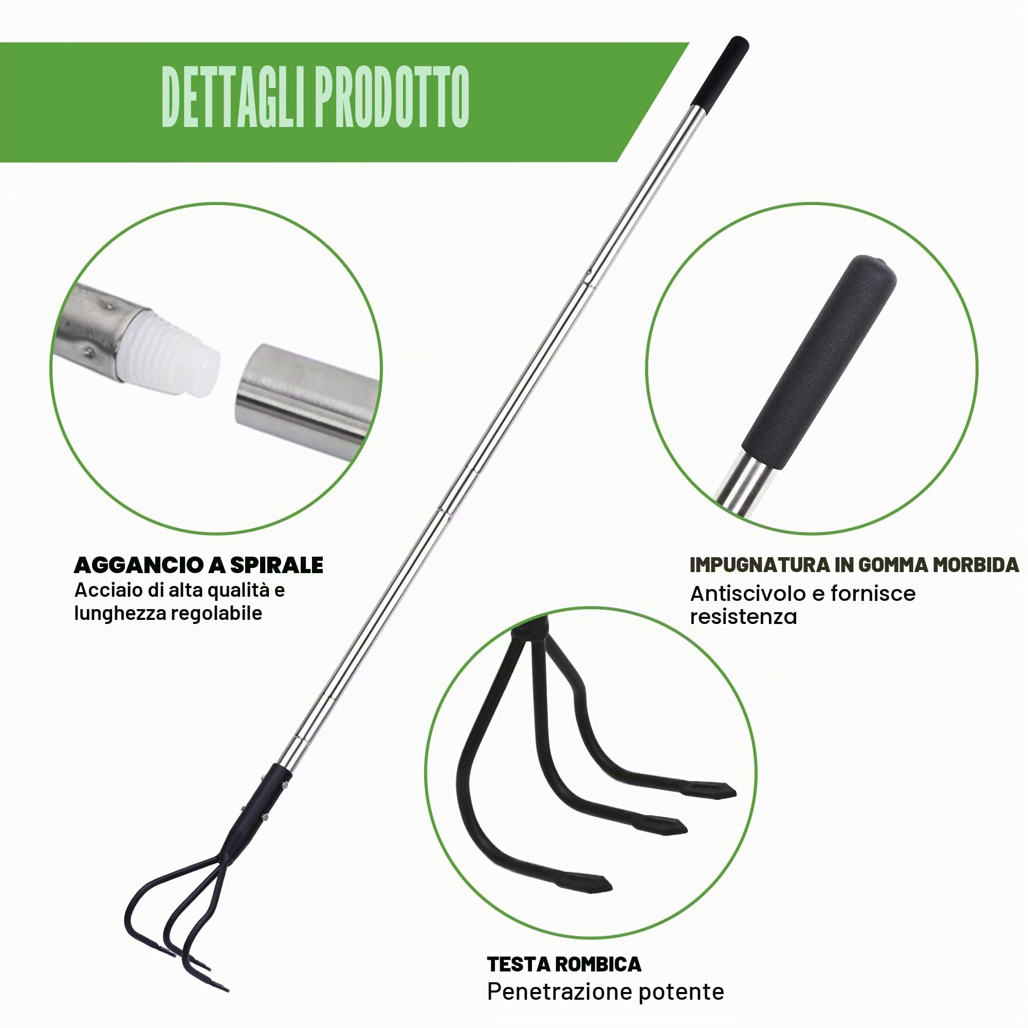 YEELOR Coltivatore multifunzionale a 3 rebbi, manico regolabile 140 cm, attrezzo da giardino
