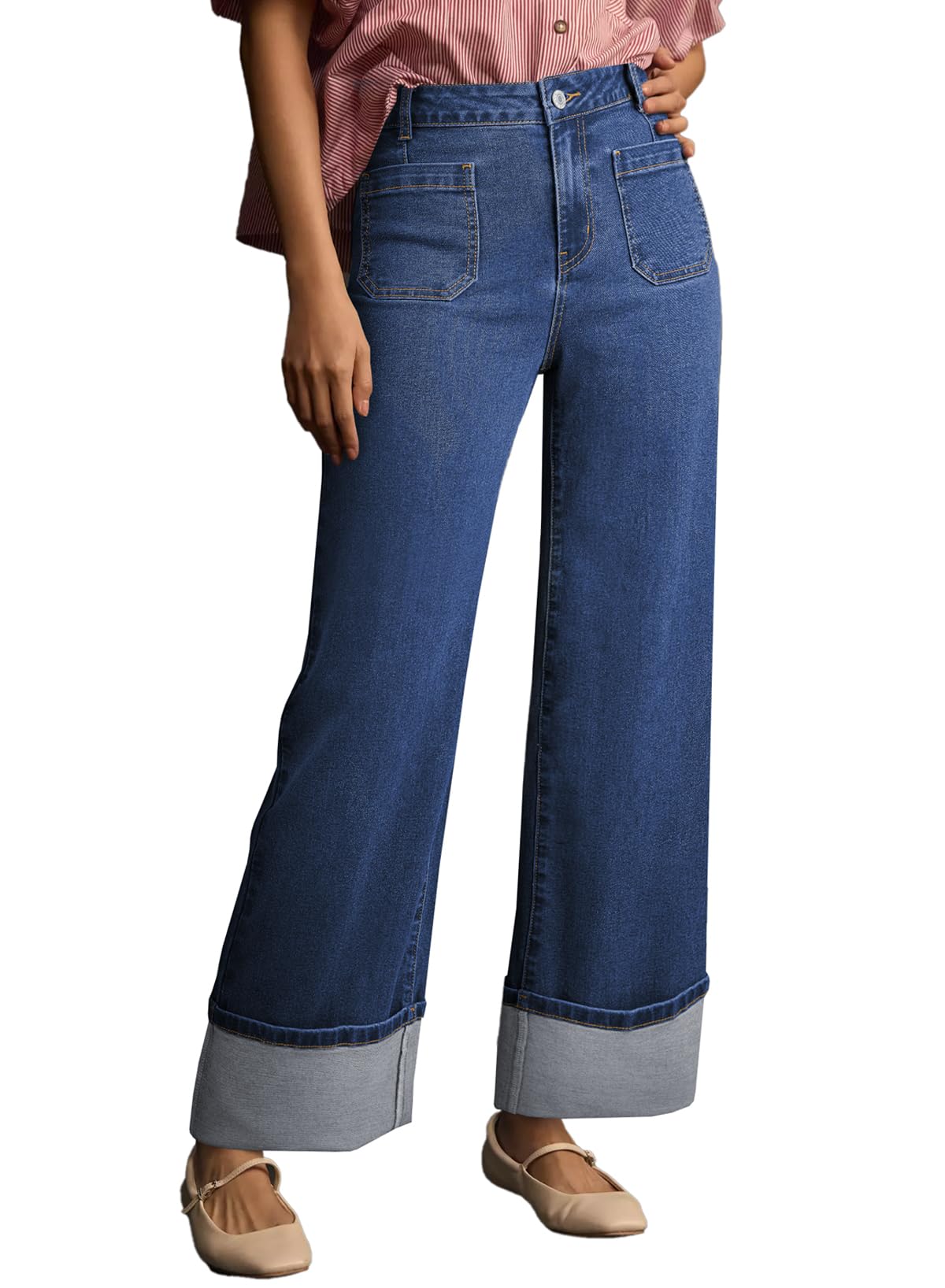 EVALESS Womens Jeans High Waisted Stretchy Cuffed Wide Leg Denim Pants with Pockets