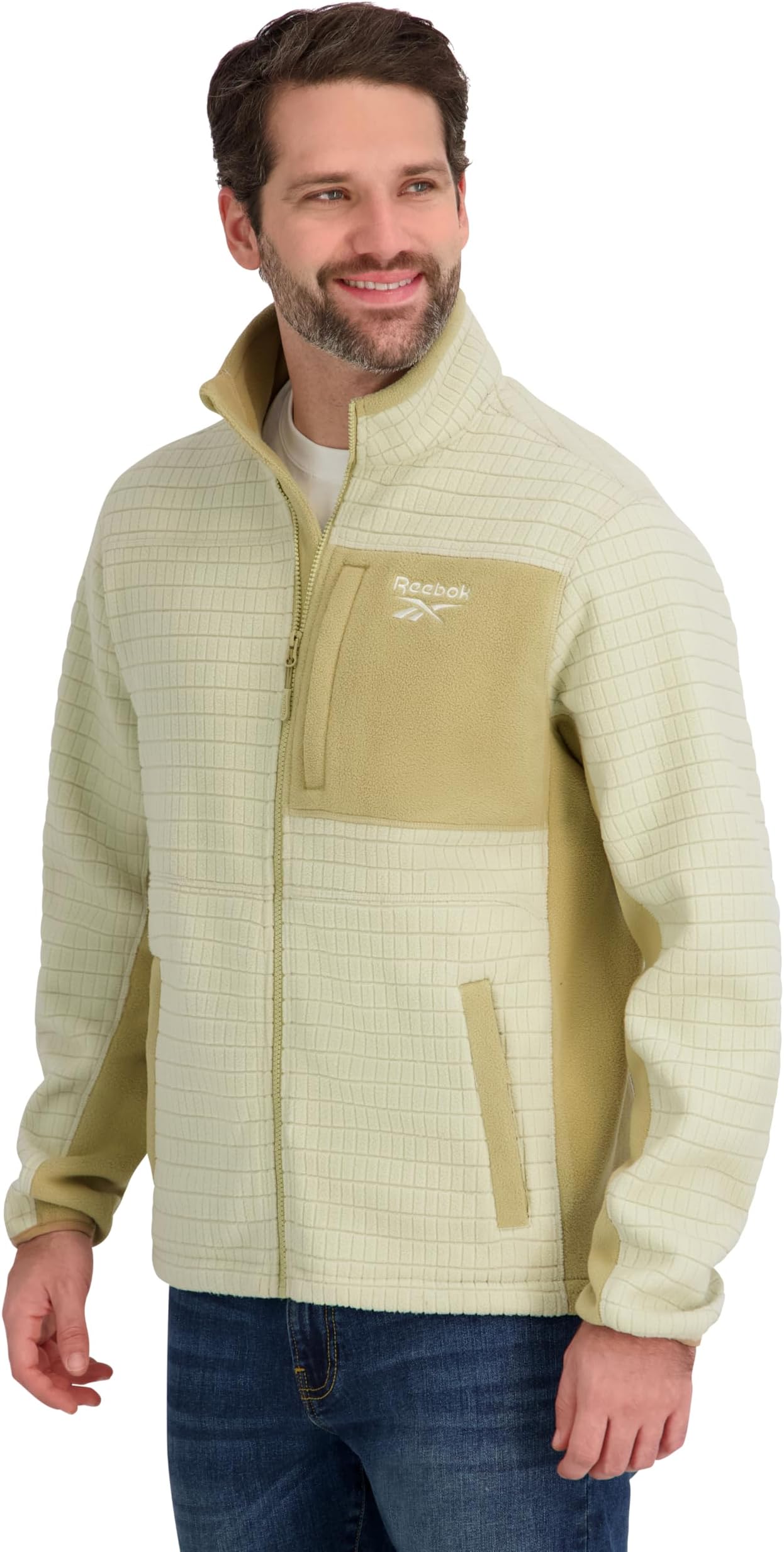 Men's Mock Neck Zip-up Grid Polar Fleece Shell Jacket