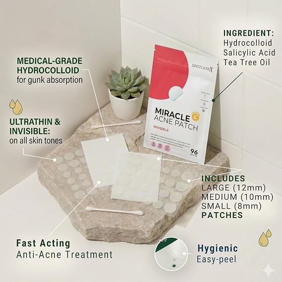 Miracle Patch Hydrocolloid Acne Pimple Patches (96 Count) - Tea Tree Oil & Salicylic Acid Infused Zit Stickers - Matte Clear Invisible Face Blemish Spot Cover, 3 Sizes Variety Pack