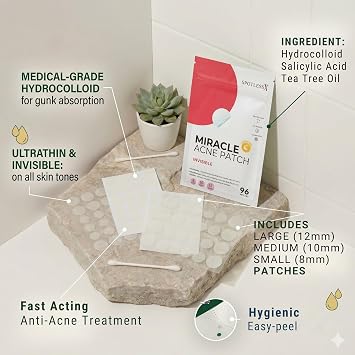 Miracle Patch Hydrocolloid Acne Pimple Patches (96 Count) - Tea Tree Oil & Salicylic Acid Infused Zit Stickers - Matte Clear Invisible Face Blemish Spot Cover, 3 Sizes Variety Pack