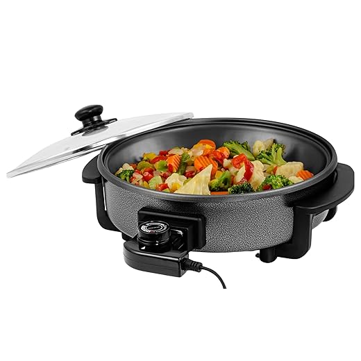 OVENTE 12 Inch Electric Skillet and Frying Pan with Nonstick Coating, 1400W Power, Adjustable Temperature Control, Tempered Glass Lid with Vent and Cool Touch Handles, Black SK11112B