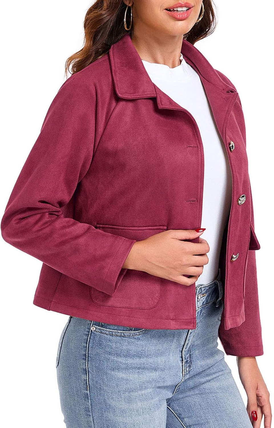 Women's Faux Suede Leather Jackets Cropped Coats Casual Button Down Fall Winter Outwear Trendy Shackets - Image 4