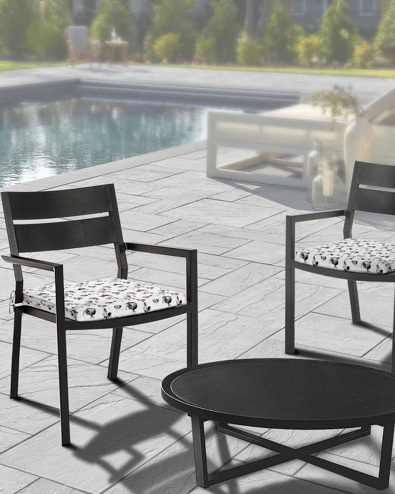 Rooster Black 2 Pack Waterproof Cushion Covers with Ties Outdoor Patio Chair Seat Cushion Slip Covers Replacement(ONLY Cover) Country Farm Animal Hen White Watercolor 24''x24''x4''