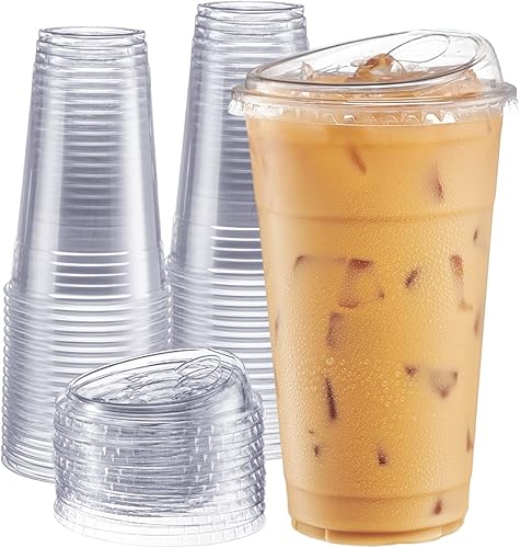 Comfy Package 100 juegos de vasos de plástico transparente con tapas sin popote