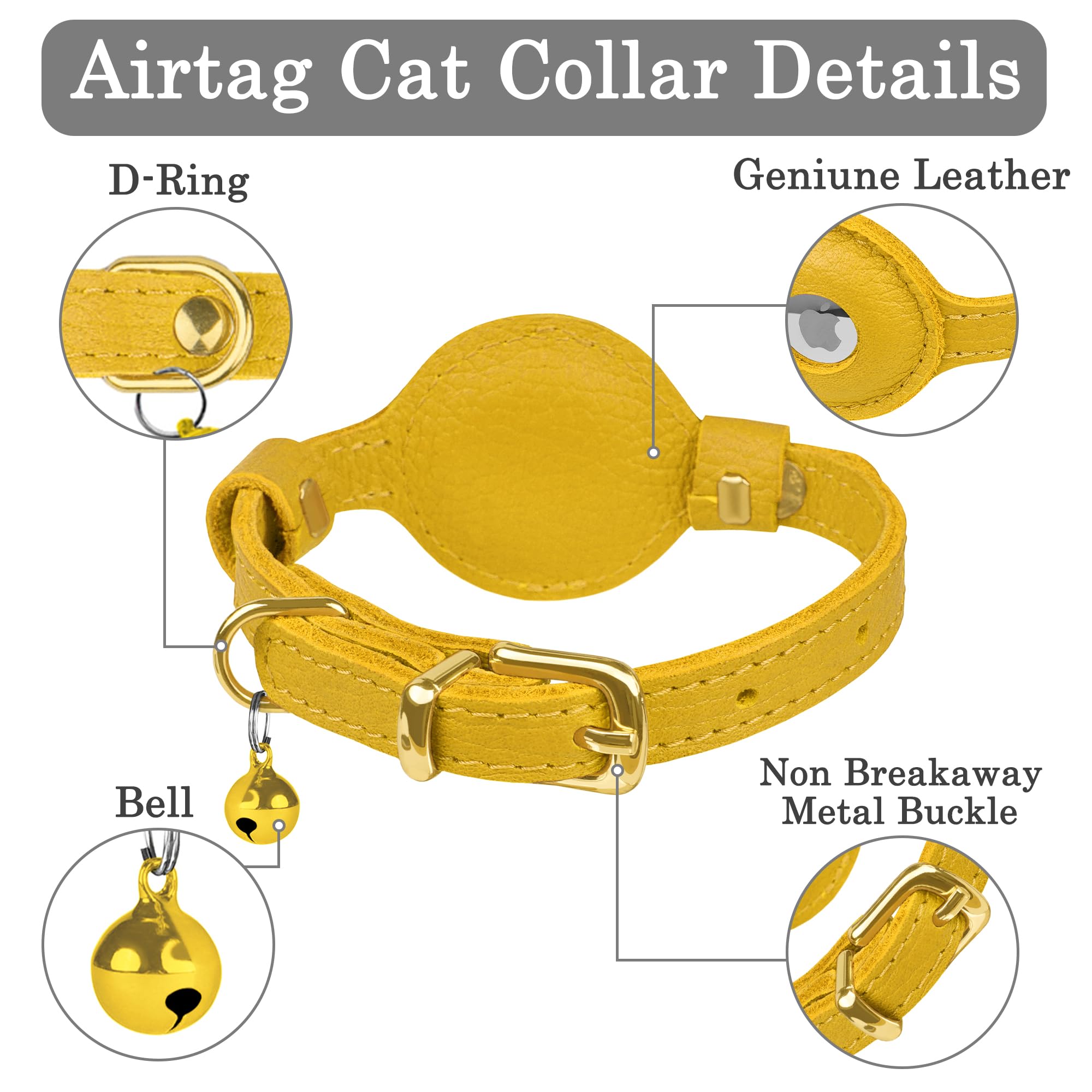 OOPSDOGGY Cat Collar with Bell for AirTag, Non Breakaway Leather Kitten Collar with Apple Air Tag Holder - Image 3