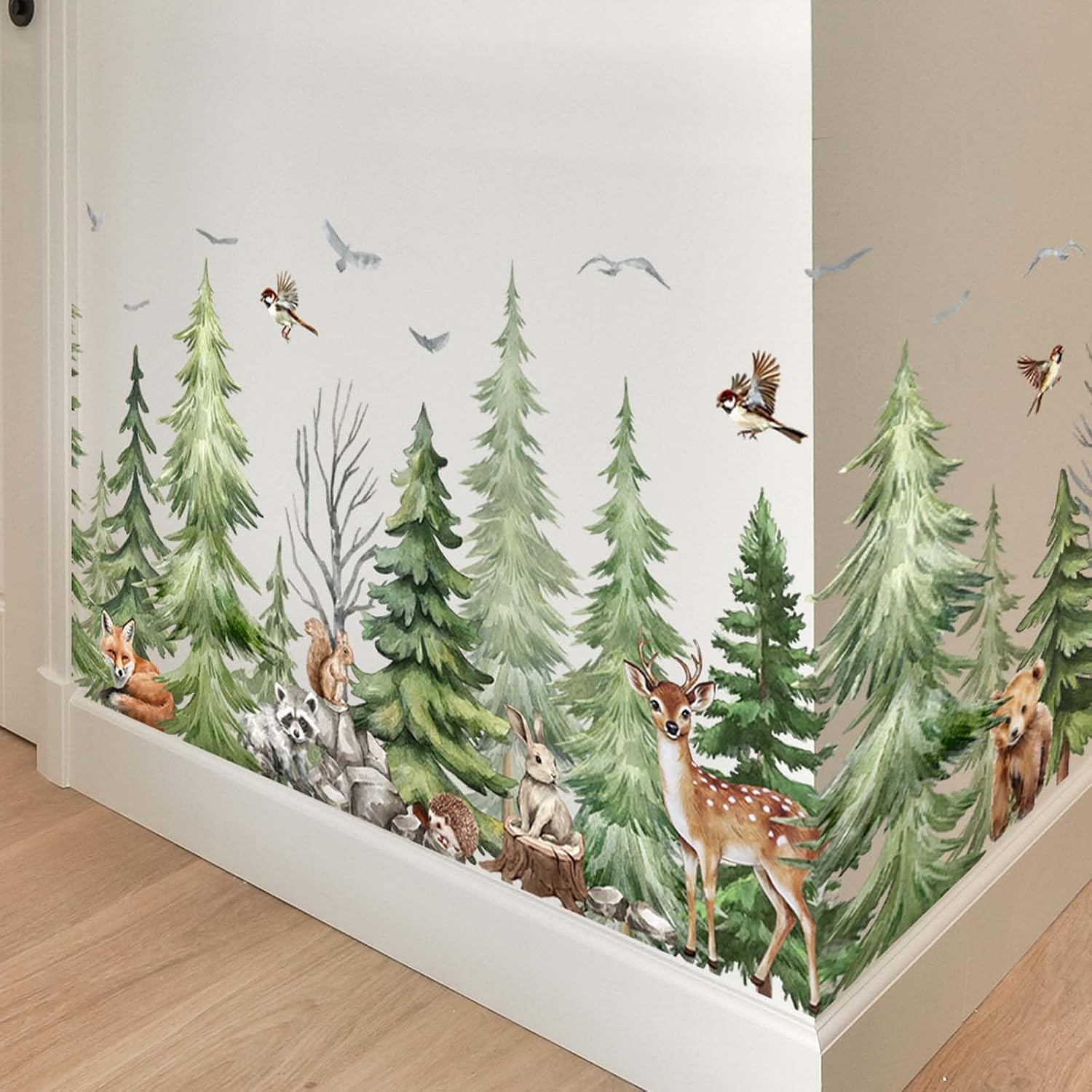 Large 45 x 9 inch Mountain Tree Wall Stickers Woodland Forest Animal Bear Deer Fox Peel and Stick Wall Art Decals for Kids Baby Nursery Bedroom Decor