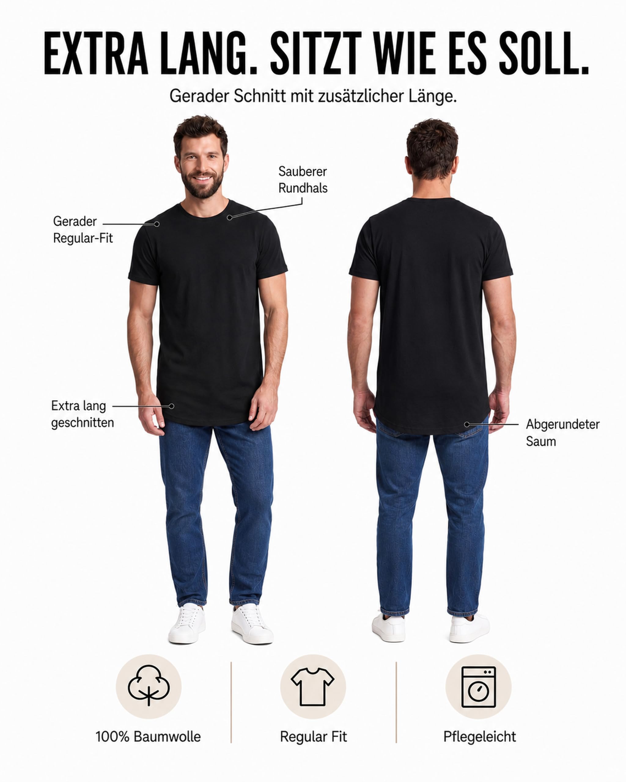 Herren 3er Pack T-Shirts Extra Lang - Longshirt Kurzarm aus Baumwolle - Longline Shirt - Regular Fit mit Rundhals - Tall Tee Basics für große Männer und Langen Oberkörper - Größen S bis 5XL