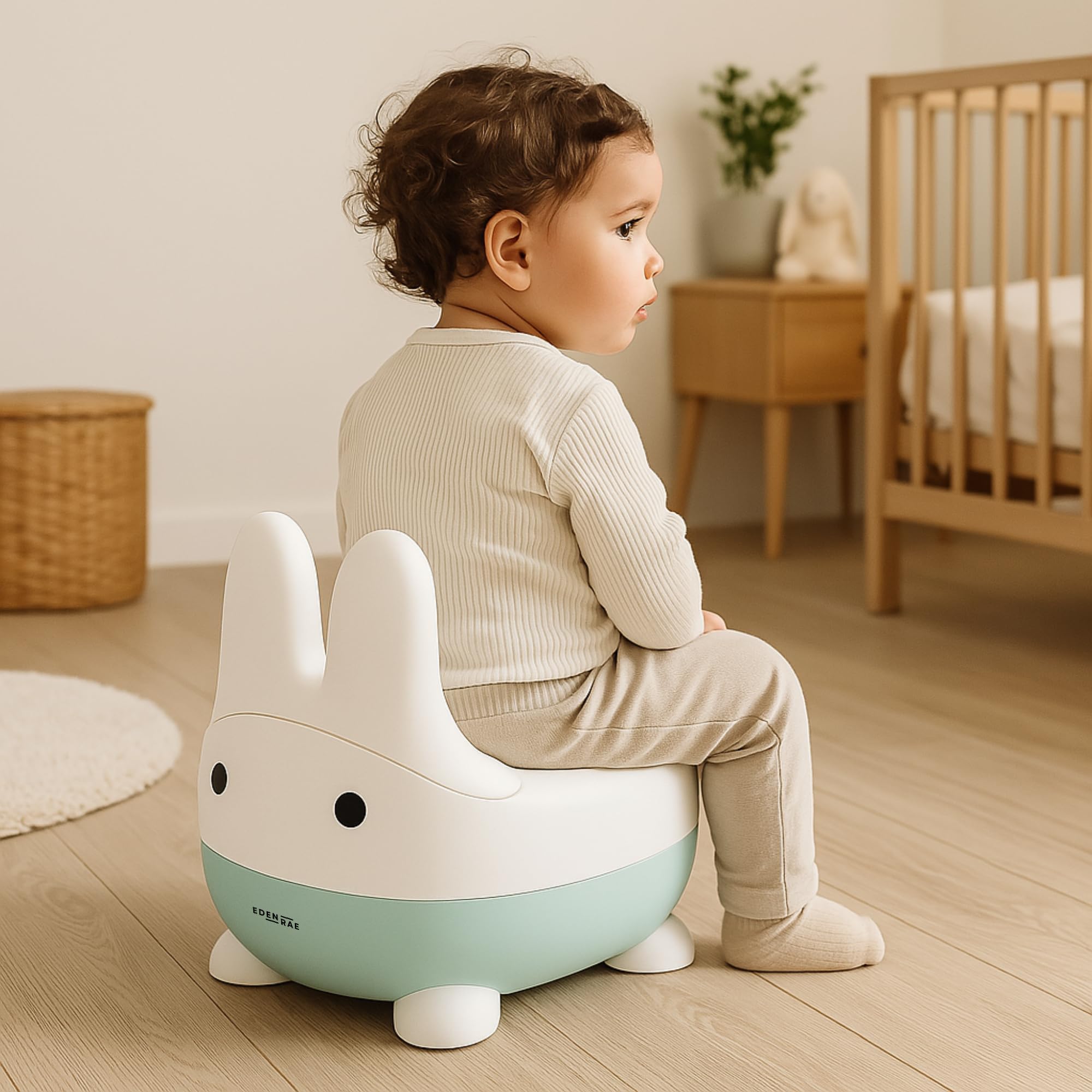 EDEN RAE® Orinal para niños – Cómodo inodoro infantil con tapa y diseño de conejo, ergonómico, antideslizante, sin BPA, incluye libro electrónico de entrenamiento y tarjeta de recompensas