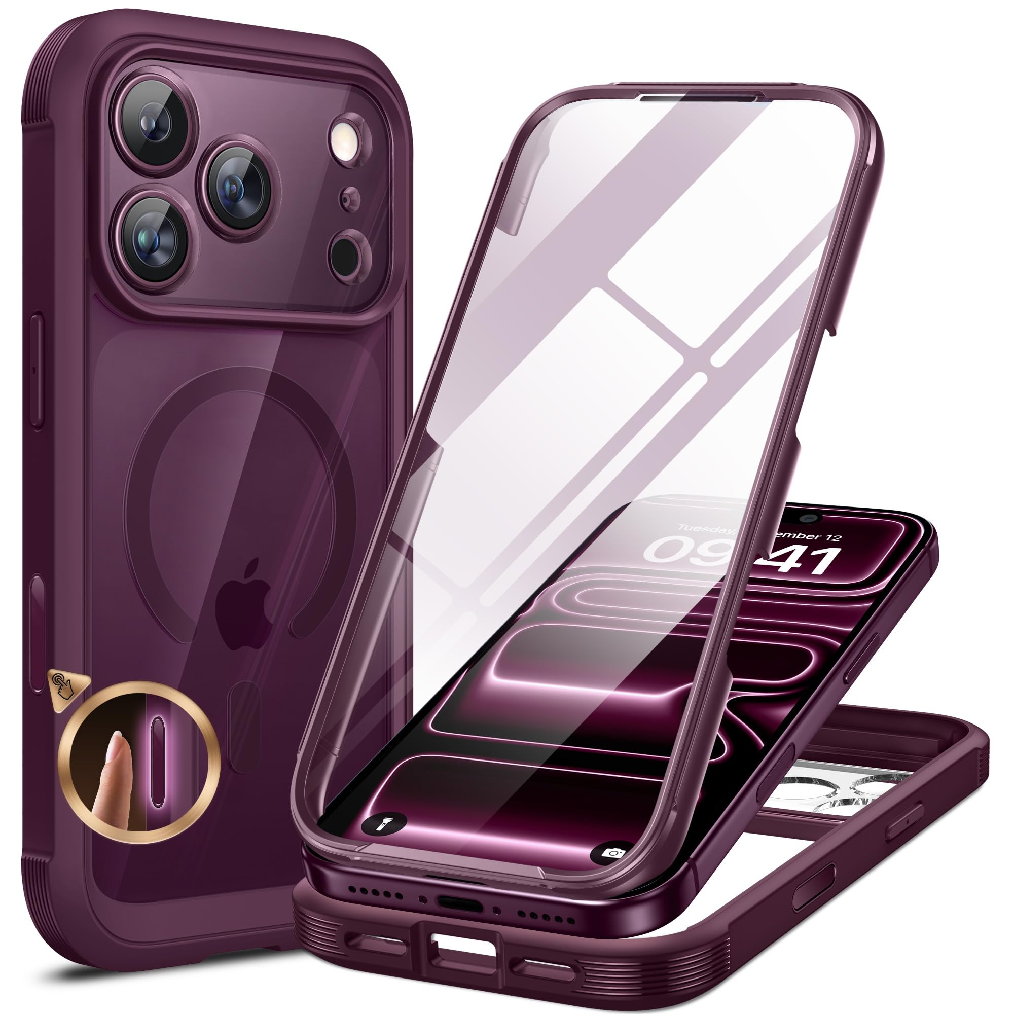 Miracase for iPhone 18 Pro Max Case, Full Body Phone Protection, Burgundy | Built-in Screen & Camera Protector,| Magnetic with MagSafe | Military DropProof 18 ProMax Bumper 6.9" with Camera Control