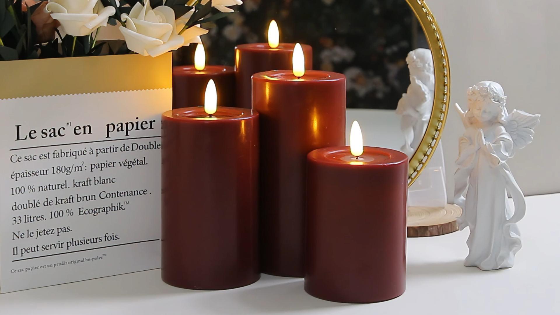 Image of Yeelida Remote Flameless Flickering Pillar Candles with Candle Grease Effect,Pack of 3 Burgundy LED Battery Oprated 2 /4 /6 /8 Hours Timer Real Wax Electric Candles(3x4,5,6 Inches)