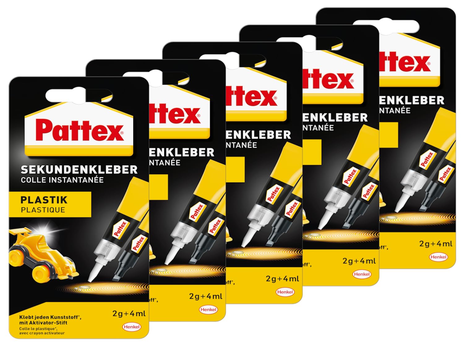 Pattex Sekundenkleber Plastik flüssig, Sofortkleber für alle Arten von Kunststoff, schnelles und einfaches zweiteiliges System, transparent trocknend, 5x 4ml/2g