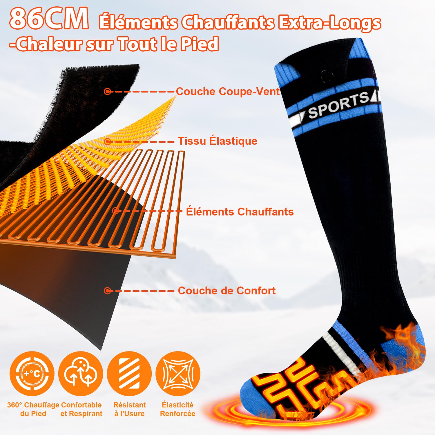 Chaussettes Chauffantes Rechargeables 8000mAh avec Télécommande APP, Chauffage 360° pour Ski Camping Cyclisme, Noir/Bleu