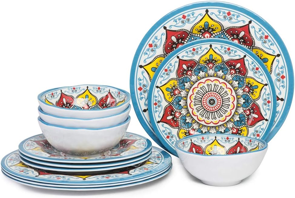 Melamine Dinnerware Set for 4,12-Piece Dishes Set for Indoor and Outdoor Use, Dishwasher safe, Blue