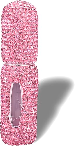 Botella de spray de perfume de 0.2 fl oz con diamantes de imitación rosa, portátil, portátil, para viajes, niebla fina, recargable, mini