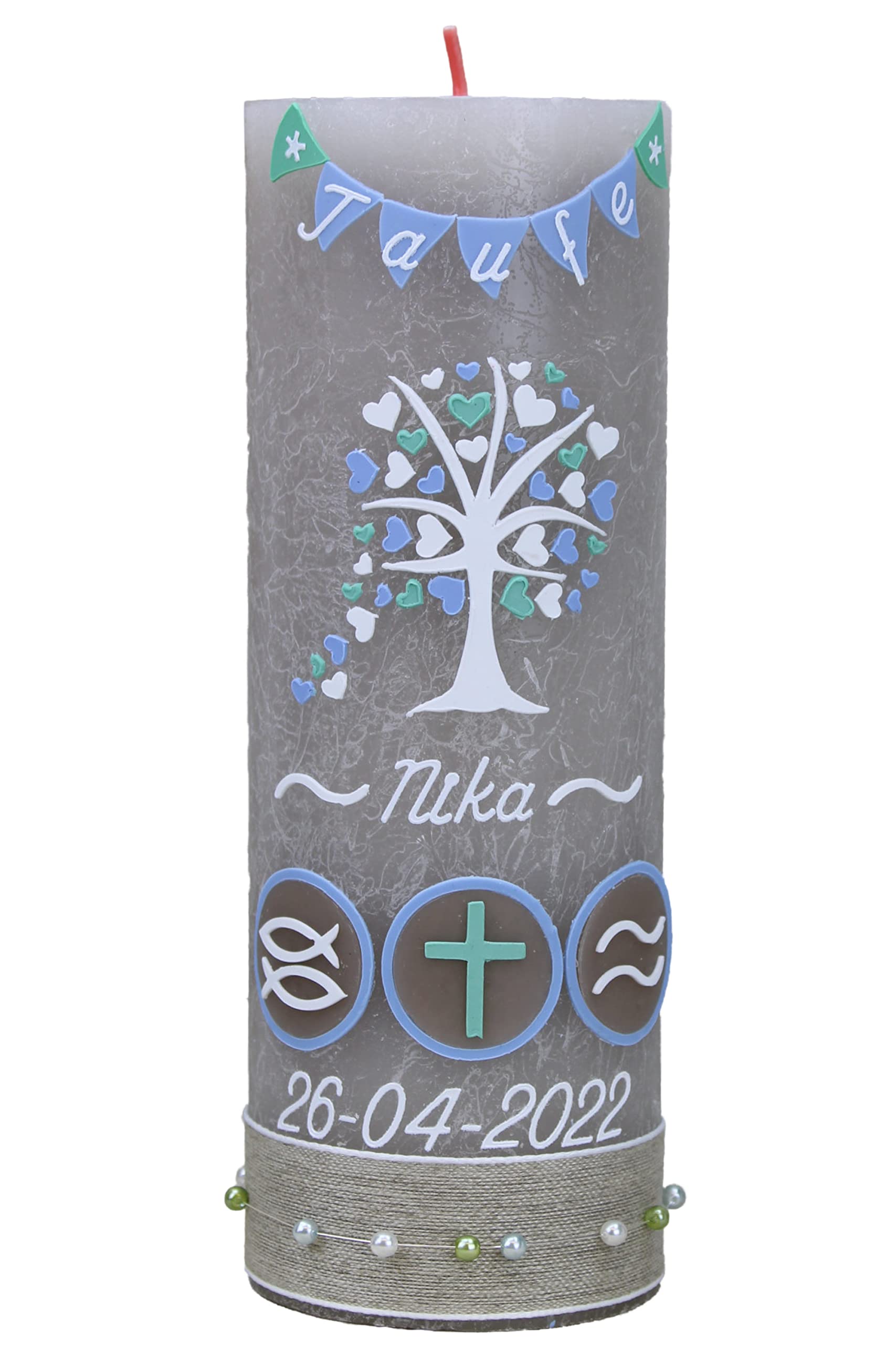christ-kerzen Taufkerze NIKA mit Name und Datum, individuell und handverziert 1491, Variante:Klassischer Docht