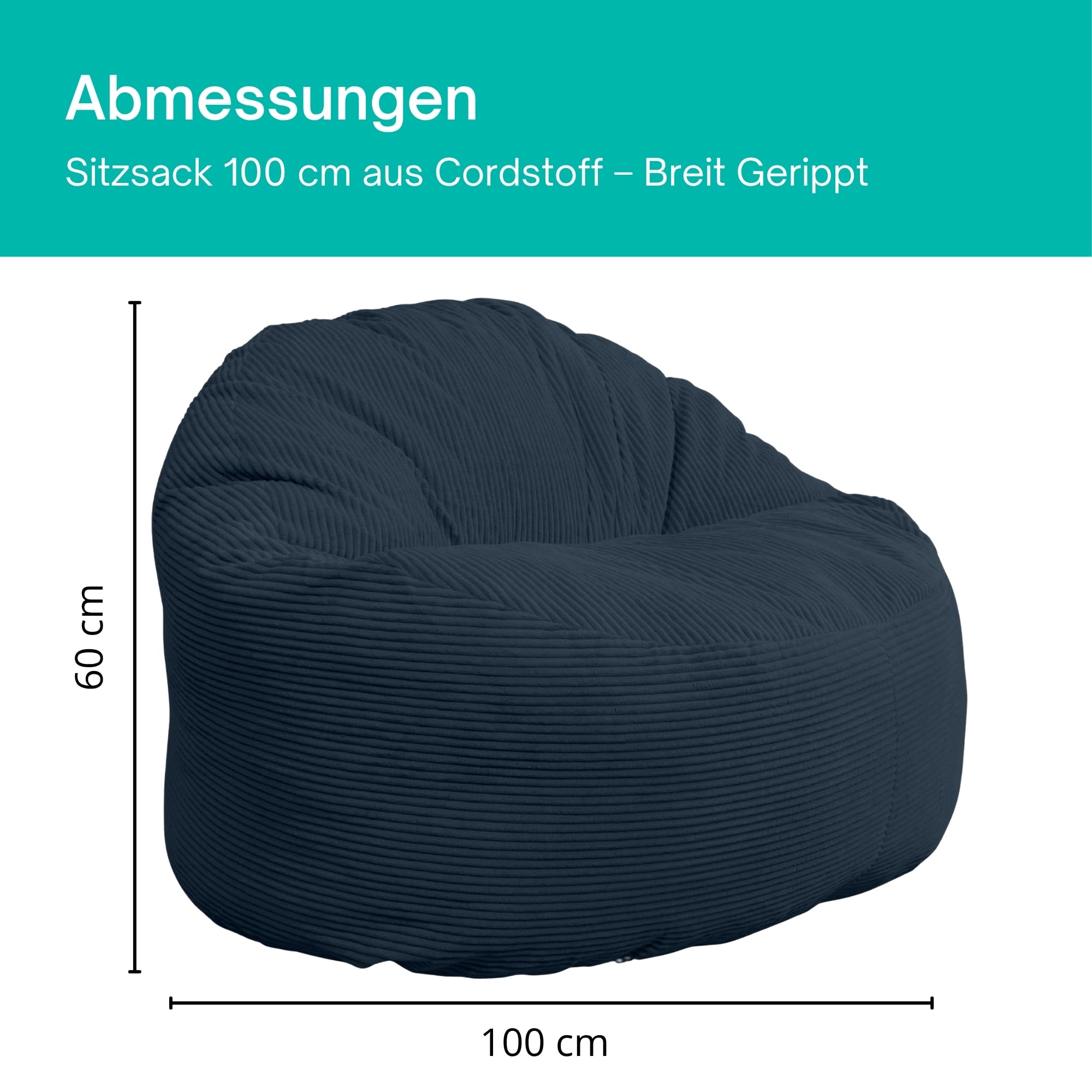 bananair - Sitzsack aus Cordstoff Breit Gerippt für Erwachsene und Kinder - Weich, Bequem und Elegant - Optimale Unterstützung - Sitzsack Sessel XXL mit Füllung, Bean Bag (100 cm, Dunkelblau)
