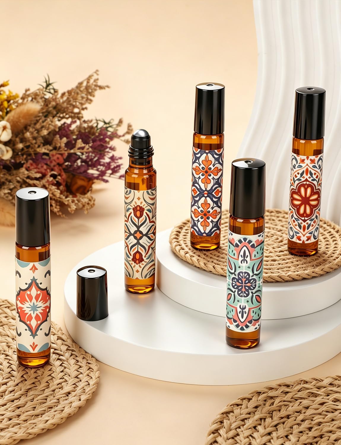 Roller Bottles for Essential Oils, 10ML/0.35OZ 10Pcs Glass Empty Amber Roller Ball Applicator with Sticker Funnels Brush Labels Dropper Bottle Opener