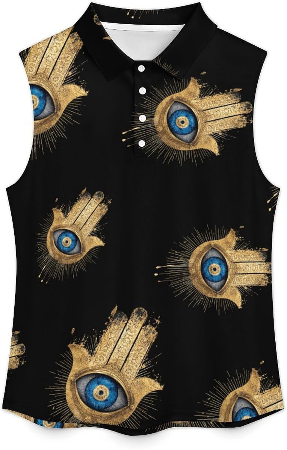 Golden Hamsa Hand with Evil Eye Womens Sleeveless V Neck Golf Polo Shirts | Collared Tank Tops
