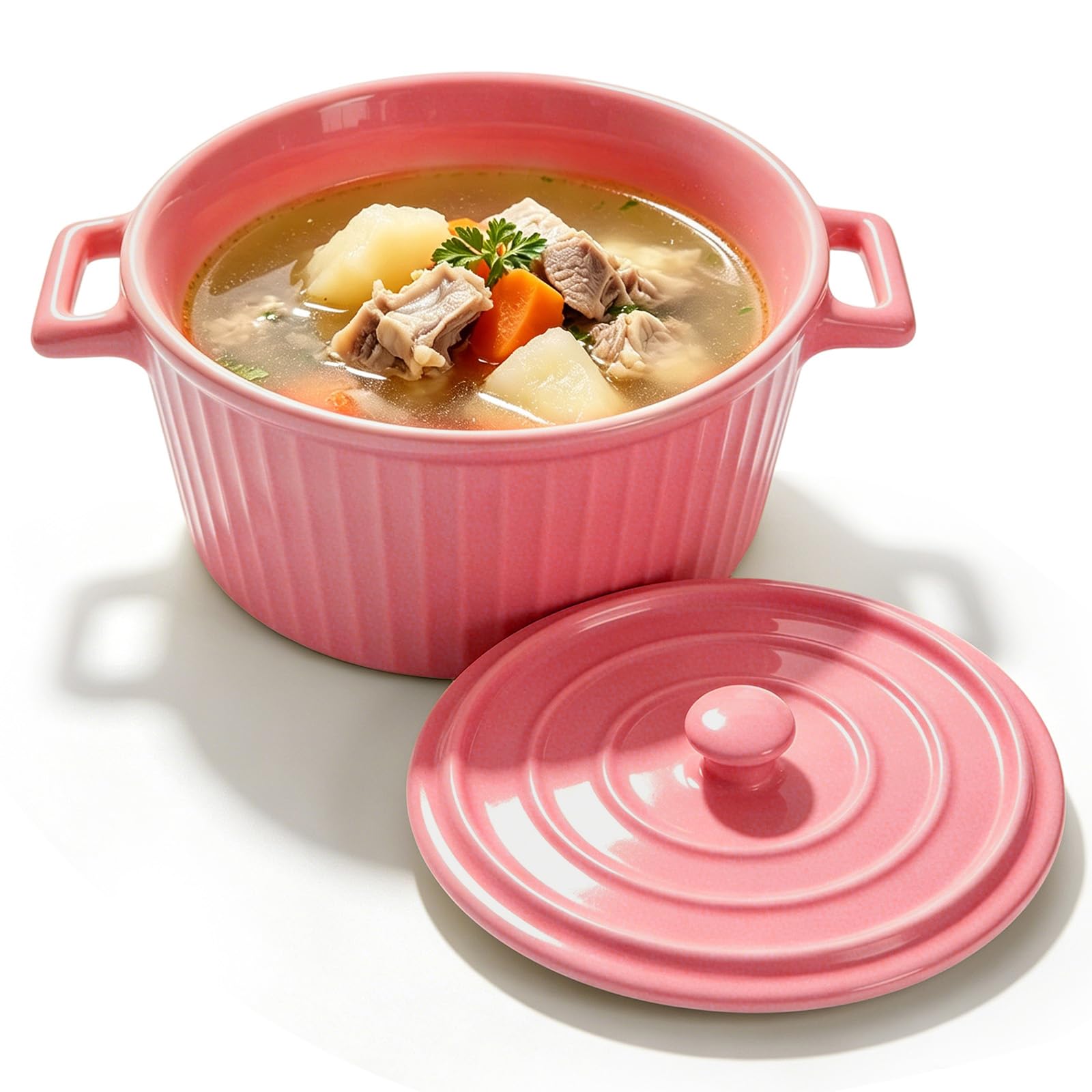 Plat à Gratin en Céramique avec Couvercle, 1,2L, Mini Cocotte avec Poignées, Grand Bol pour Lasagnes, Ramen, Pâtisserie, Moules Ronds pour Four, Micro-ondes, Rose Framboise