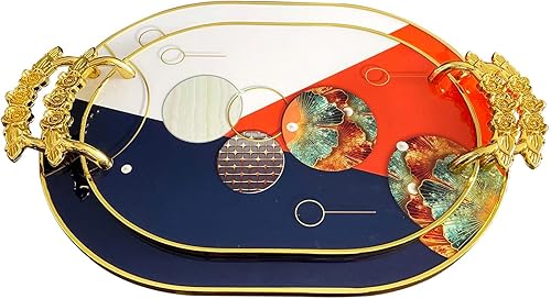 Zosenley Bandeja decorativa, juego de 2 bandejas de plástico con asas doradas, bandeja ovalada de tocador para baño, cocina, otomana y mesa de café