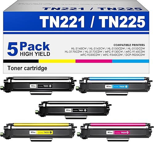 TN221 TN225 Paquete de 5 cartuchos de tóner de alto rendimiento para cartuchos de tóner Brother TN-221 TN225 TN221bk compatibles con cartuchos de