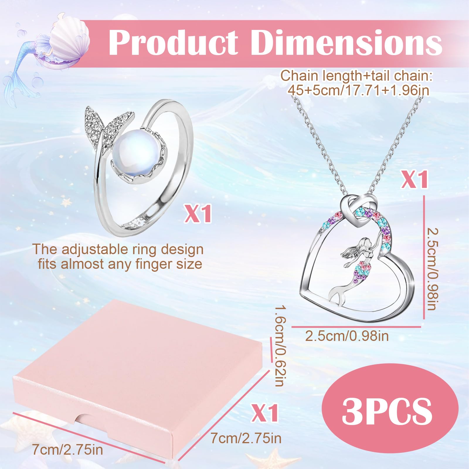Collana Sirena con Anello a Forma di Coda e Scatola Regalo Rosa per Bambina