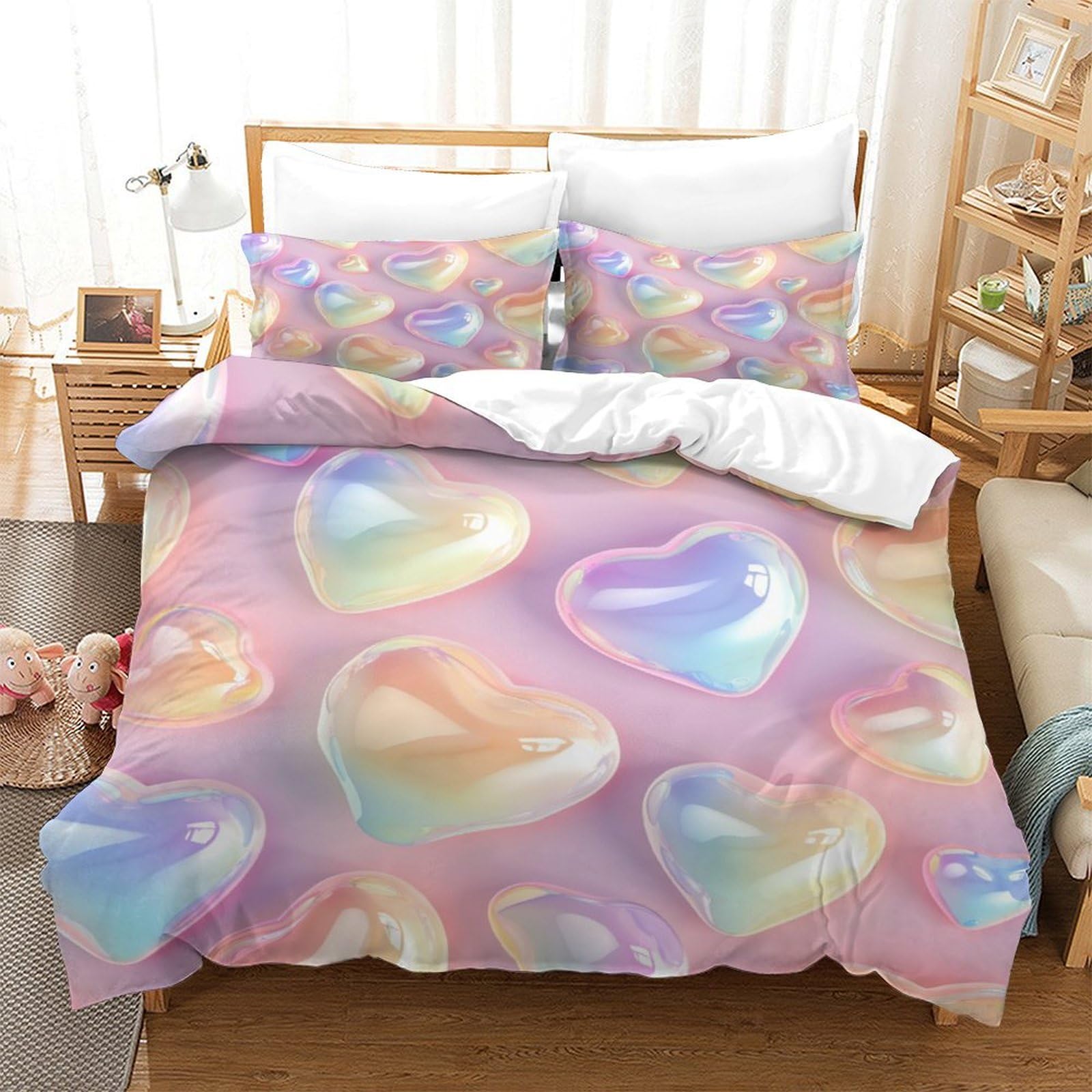 P1S9U7W5Y Pastel Hearts 3D Printed Duvet Cover Set 3pcs Microfiber Iridescent Heart Bedding Set Double（200x200cm）