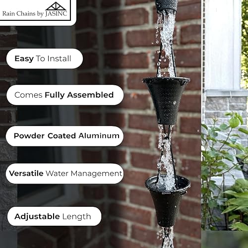 Miniatura 2 de Rain Chains by JASINC Copas Rainier de 8.5 pies con recubrimiento en polvo negro, para reemplazar la canaleta de techo, con kit de instalación,